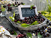 Summer table decoration with sweet cherries and camomile