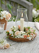 Lantern with wreath of pink (roses), hydrangea (hydrangeas)