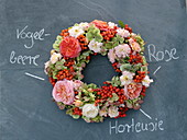 Autumn wreath with pink (roses), Sorbus (rowan berries)