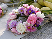 Autumn table decoration with asters and pears