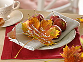Napkin decoration with apples (Malus) and leaves of Acer (maple)