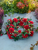 Kranz aus gewundenem Cornus (Hartriegel) dekoriert mit roten Dianthus