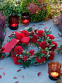 Kranz aus gewundenem Cornus (Hartriegel) dekoriert mit roten Dianthus