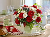 Red and white scented bouquet with Dianthus (carnations), Gerbera, Chrysanthemum