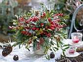 Winter bouquet with Ilex (red winter berry), Viscum album (mistletoe)