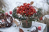 Winter bouquet made of physalis (lantern flower) with fairy lights