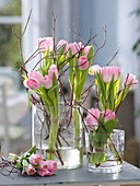 Bouquets of Tulipa 'Dynasty' with Cornus branches