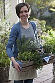 Woman carries wooden basket with herbs of Provence in pots