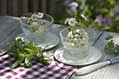 Homemade herb butter decorated with Bellis perennis