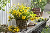 Yellow meadow bouquet and wreath of Taraxacum, ranunculus