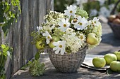 Green and white bouquet in basket vase: Zinnia (zinnias), Hydrangea (hydrangea)