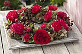 Late summer wreath with Rosa (roses), blackberries (Rubus) and Hydrangea