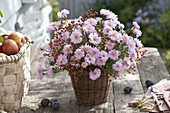 Bouquet of aster (autumn aster) and rose (rose hips) in basket vase