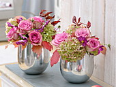 Bouquets with Rosa 'Variance' (roses), Hydrangea (hydrangea), Cosmos