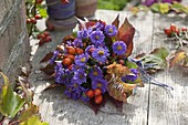 Small bouquet of Aster (autumn asters), pink (rose hips) and leaves