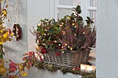 Late autumn basket arrangement with fairy lights in front of the window