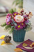 Autumn bouquet with pink (roses), Chrysanthemum (autumn chrysanthemums)