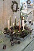 Natural wreath of twigs of betula (birch) on zinc tray