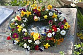 Wreath made of Vaccinium (blueberry branches) with flowers of Bellis