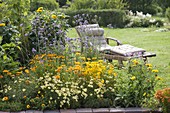 Yellow summer bed with perennials and summer flowers