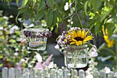 Small glasses as vase and lantern hung on branch