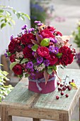 Autumn bouquet with Rosa 'Red Eden' 'Red Leonardo' (roses), Aster