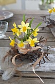 Egg as a vase in a wreath of Betula (birch), Narcissus 'Tete a Tete' (daffodils)