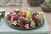 Wreath with flowers of Hydrangea (Hydrangea), Sedum telephium (Stonecrop)