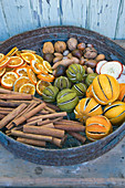 THE Garden AND PLANT COMPANY, Hatherop, Gloucestershire: Garden RIDDLE with NATURAL DECORATION; Dried Oranges, Lemons AND LIMES. Dried SLICED Oranges AND APPLES, Nuts AND CINNAMON