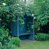 Blaue Gartenlaube mit Rosa 'Alister Stella Grey'