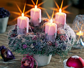 Adventskranz auf Topf mit rosa Kerzen