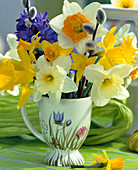 Bouquet with various daffodils, hyacinths, pussy willow