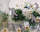 White Easter decoration with pansies and daisies
