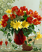 Bouquet of tulips, ivy vines (Hedera)