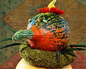 Pumpkin face: ornamental pumpkin, rose hip, fruit stalks, tropaeolum (nasturtium)