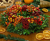 Berry wreath with Pyracantha (firethorn), Crataegus (hawthorn), Sorbus (rowan)