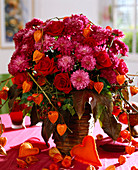 Autumn bouquet with chrysanthemums and physalis