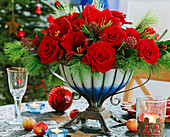 Glasschale mit roten Rosen, Hippeastrum (Amaryllis), Pinus