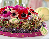 Easter nest made of hay and Limonium (beach lilac), with cloth