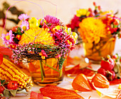 Dahlia (Dahlien), Aster (Herbstastern), Calluna (Heide), Euonymus (Pfaffenhütchen)