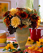 Rudbeckia (coneflower), Dahlia (dahlia), grasses, Hydrangea