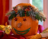 Pumpkin head: Cucurbita (pumpkins), Zea (corn), Rosa (rosehips), Phaesolus (beans)