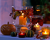 Kürbisdeko im Fenster: Cucurbita (Kürbisse), Rosa (Hagebutten), Rubus (Brombeerblüten)