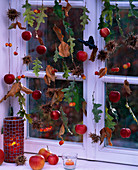 Window decoration of apples and foliage