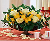 Iron tray with Citrus limon (lemons), Rosa (rose) 'Hollywood'.