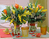 Bouquets with mimosa and tulips