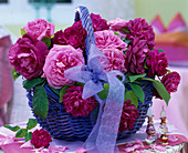 Blue basket with pink (historical scented roses)