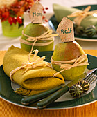 Pyrus (pears) as place cards, Cucumis (ornamental cucumbers)