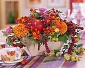 Dahlia (Dahlien), Tagetes (Studentenblumen), Malus (Äpfel und Zieräpfel), Amaran