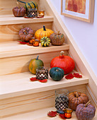 Cucurbita (various ornamental and edible pumpkins), leaves and lanterns on stairs